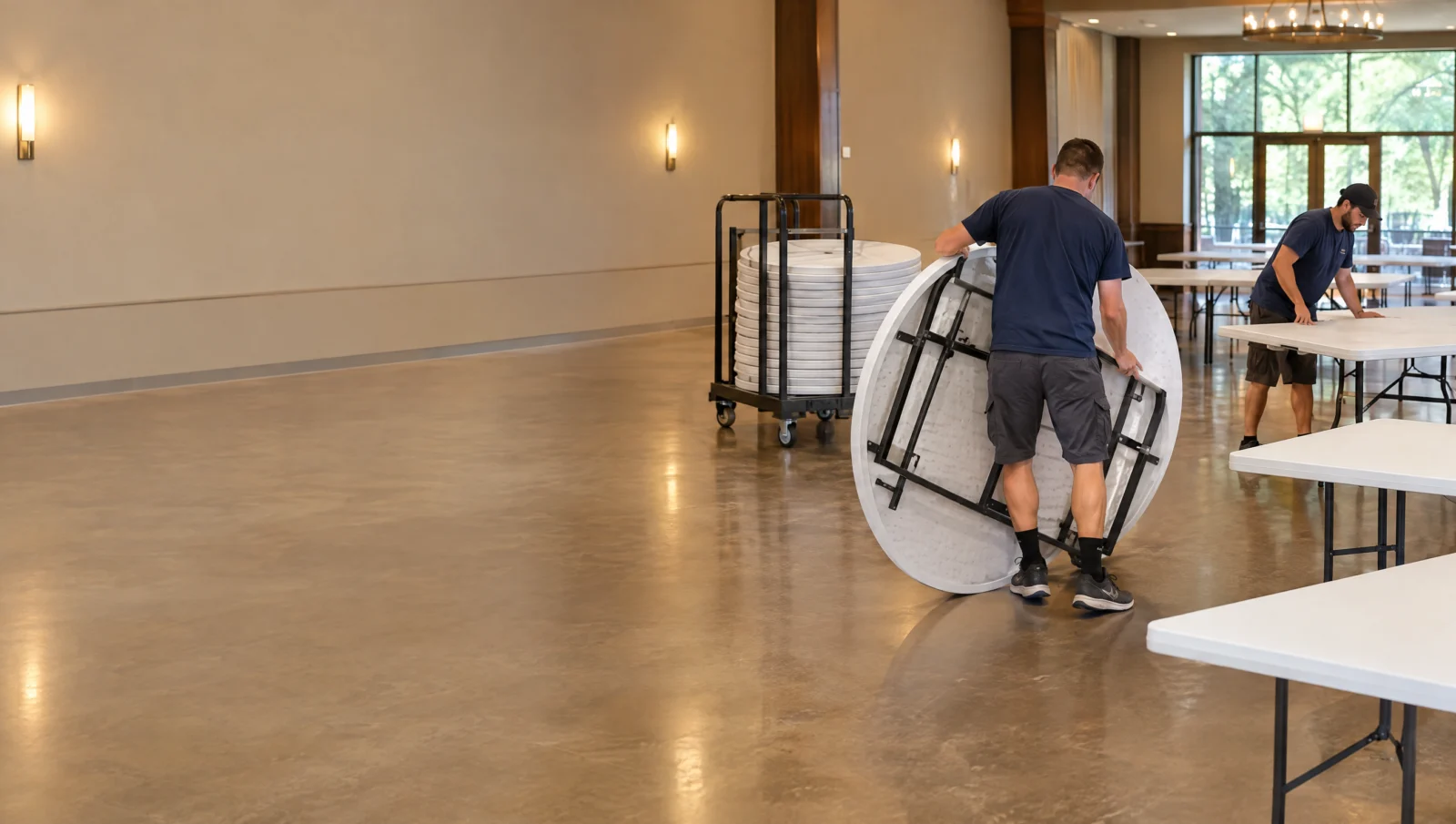 Table rental: crew setting up round and banquet tables in an event hall