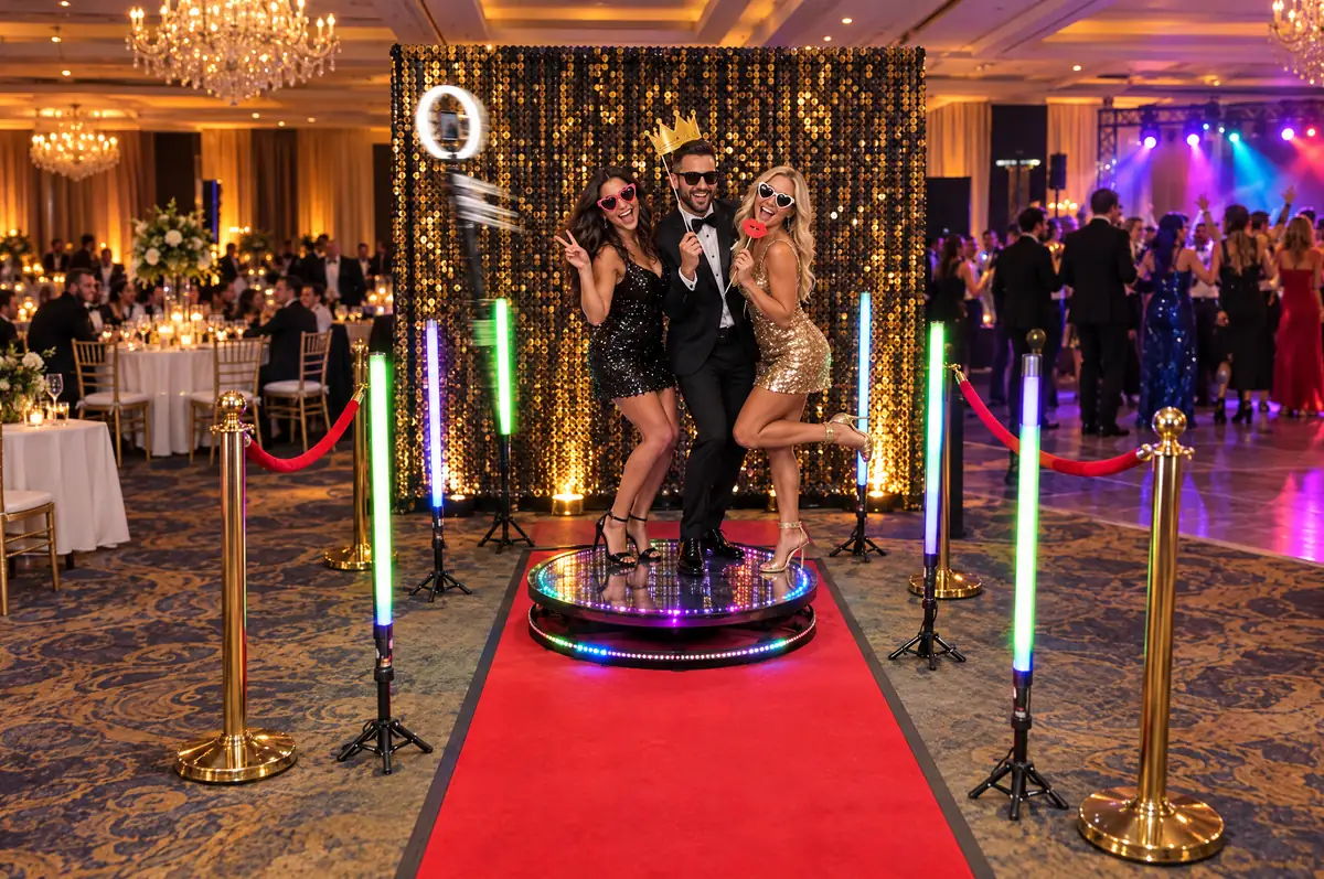 360 photo booth rental: guests posing on a spinning 360 video booth platform with a red carpet, LED light tubes, velvet ropes and a gold sequin backdrop at a ballroom party