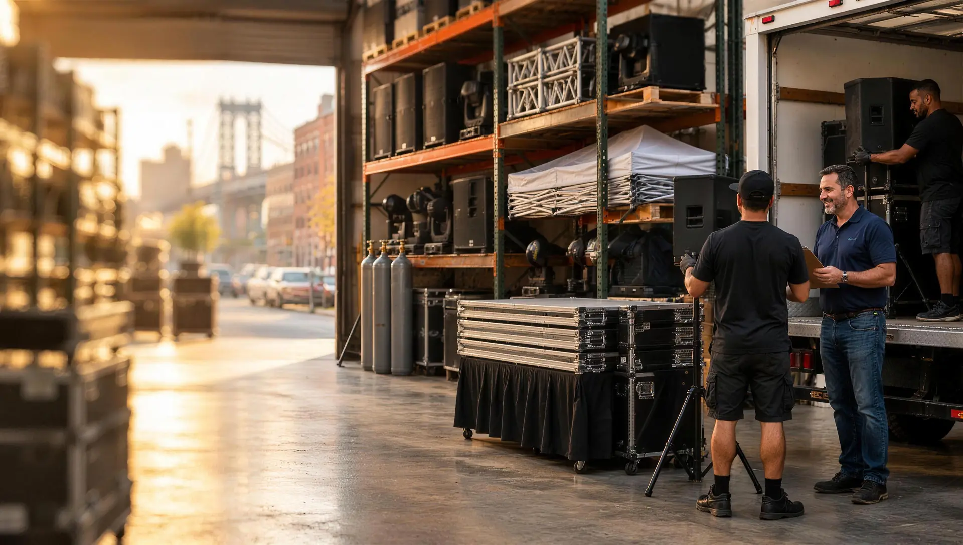 Celebration Entertainment owner and crew loading stage, speakers and lighting at the Brooklyn warehouse