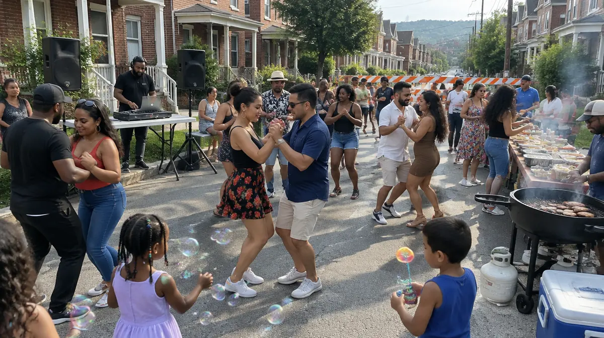 Allentown PA block party DJ: neighbors dancing salsa on a closed street with a grill and kids blowing bubbles