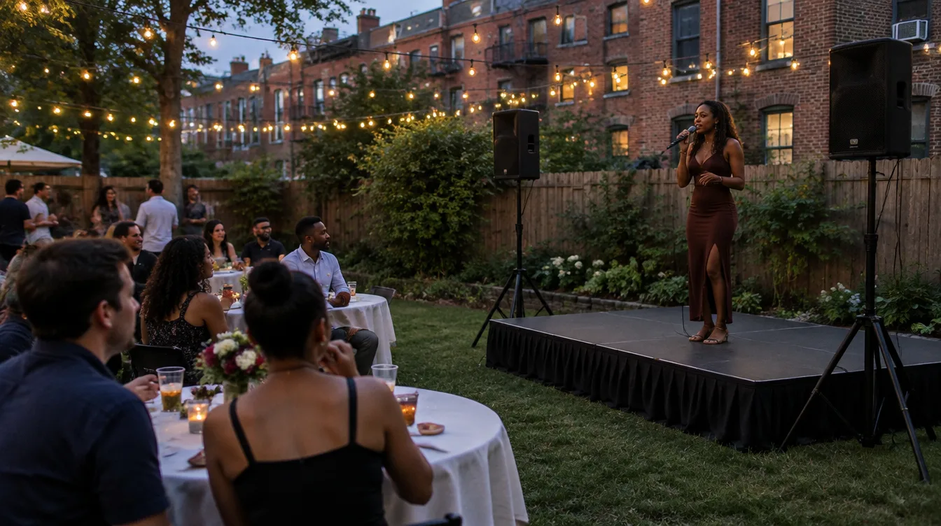 Backyard party with string lights, a skirted stage and a singer performing for guests