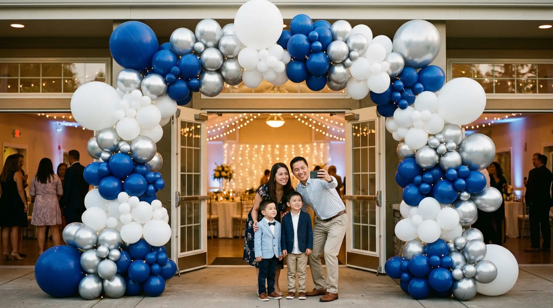 Balloon arch in blue, silver and white framing an event hall entrance