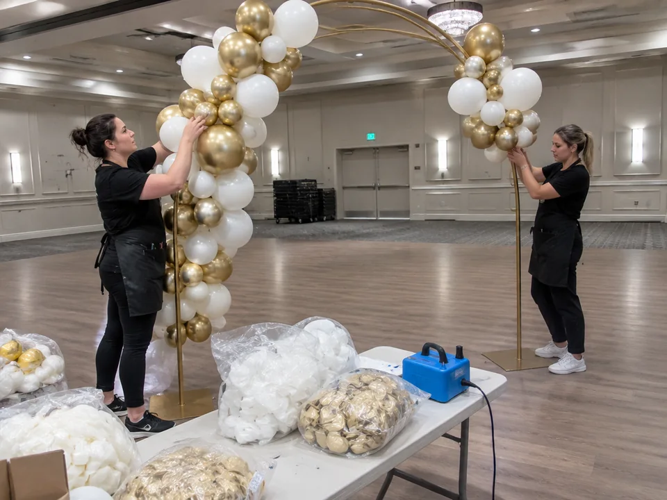 Balloon arch installation: two decorators attaching white and gold balloon clusters to a metal arch frame in a banquet hall