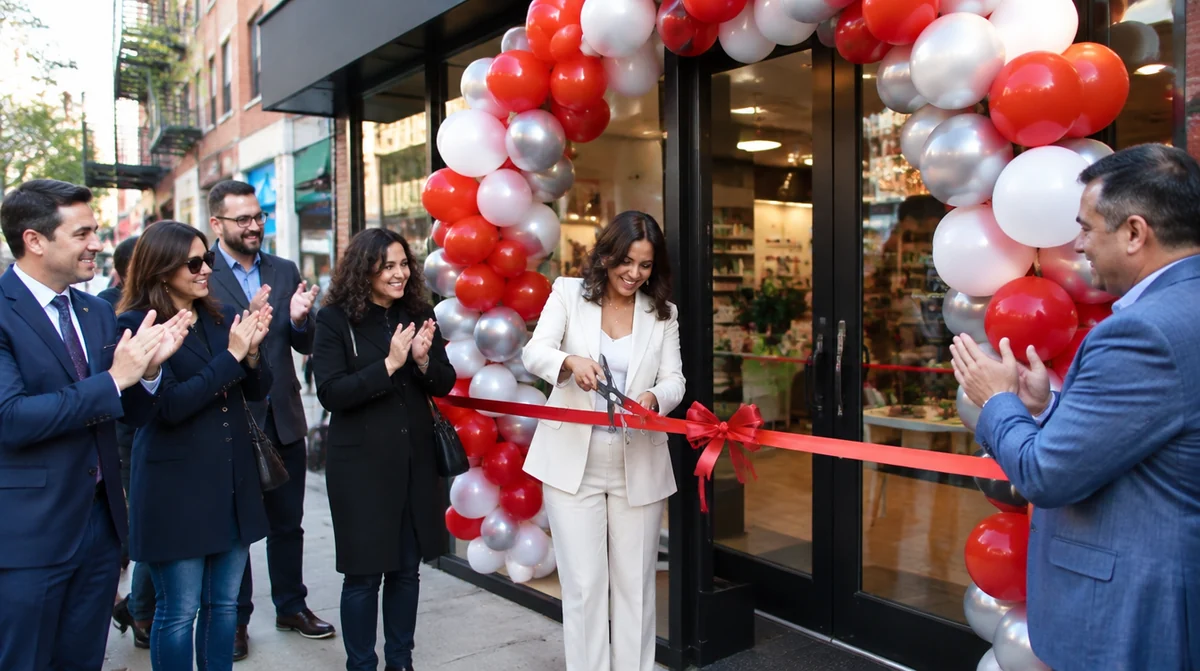 Balloon arch in red, white and silver framing a shop entrance at a New York grand opening ribbon cutting