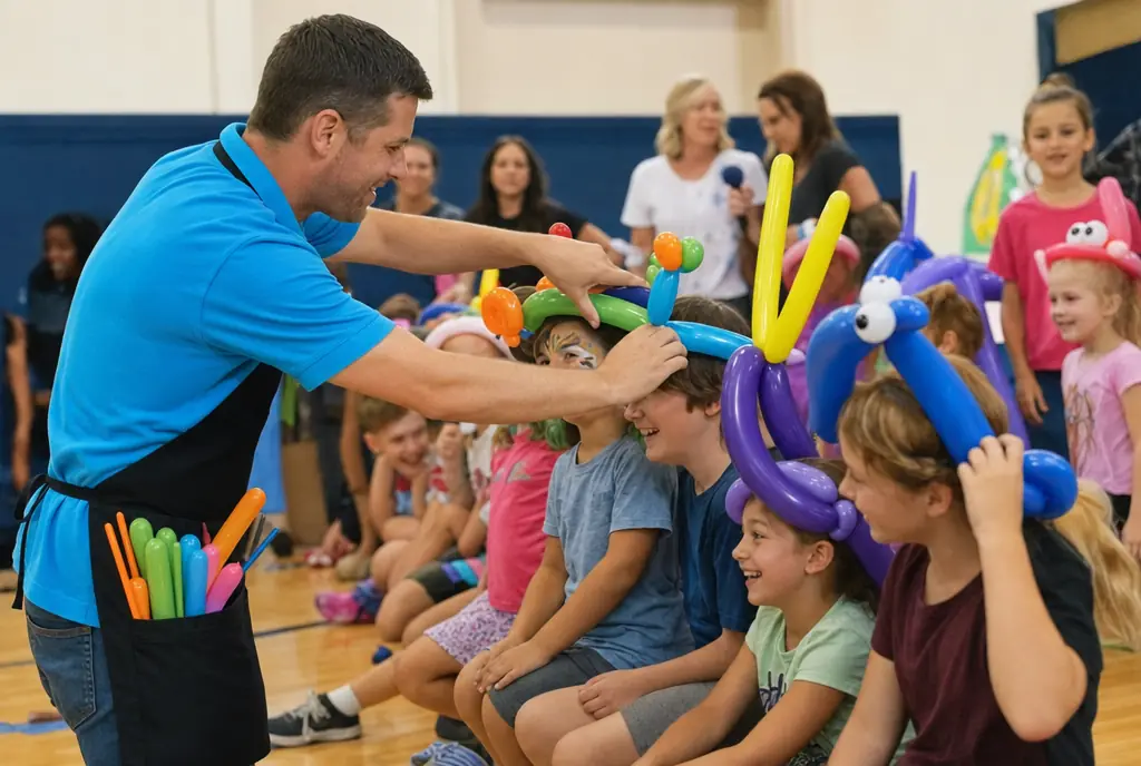 Balloon artist putting twisted balloon hats on kids at a school family day in a gym