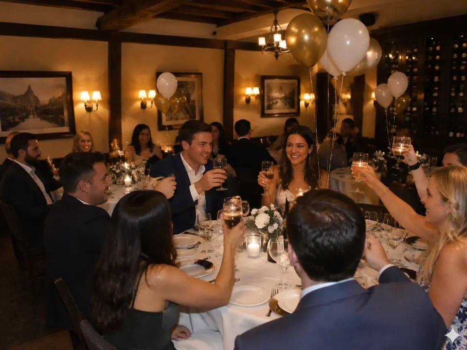 White and champagne helium balloon centerpieces on tables at a rehearsal dinner in a restaurant private room