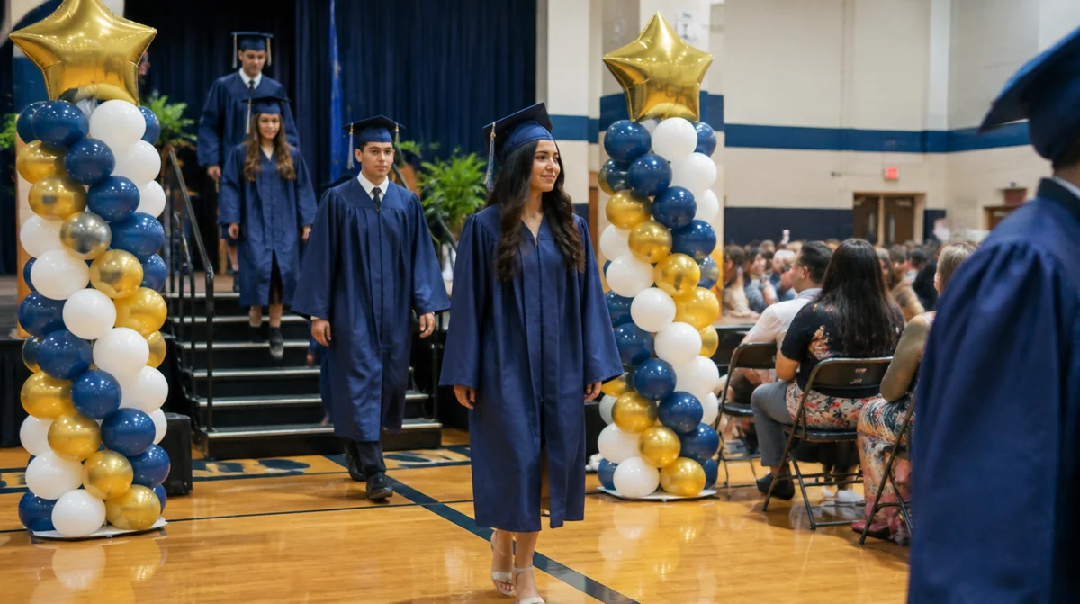 Balloon columns in navy, white and gold with gold star toppers at the stage stairs of a high school graduation in a gym