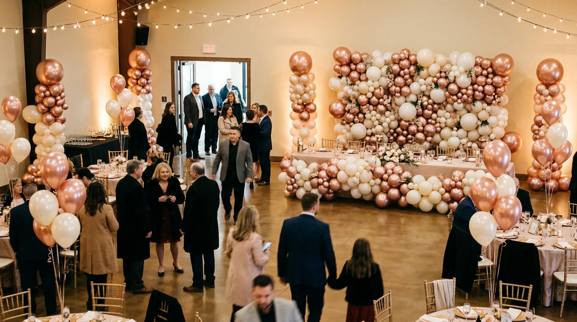 Balloon decor with a rose gold balloon wall, columns and garlands at a venue