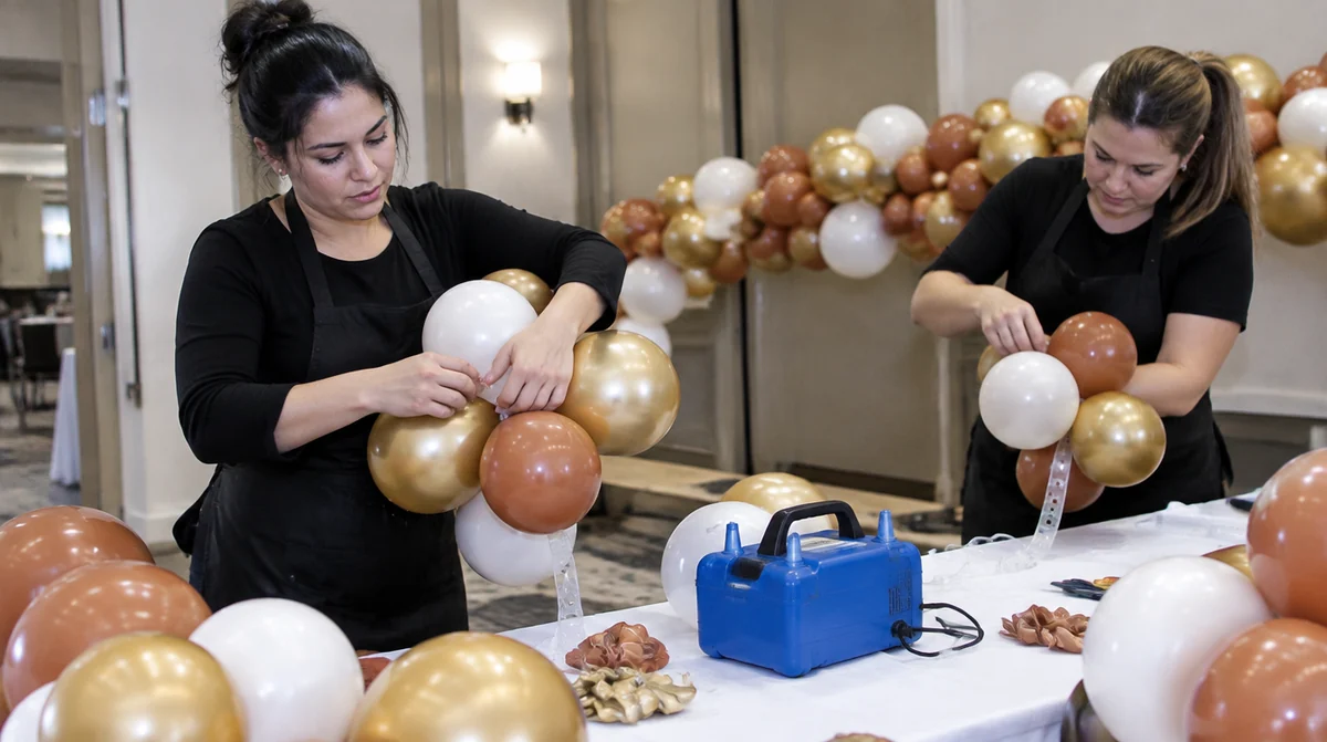 Our crew building an organic balloon garland by hand from white, gold and terracotta balloon clusters