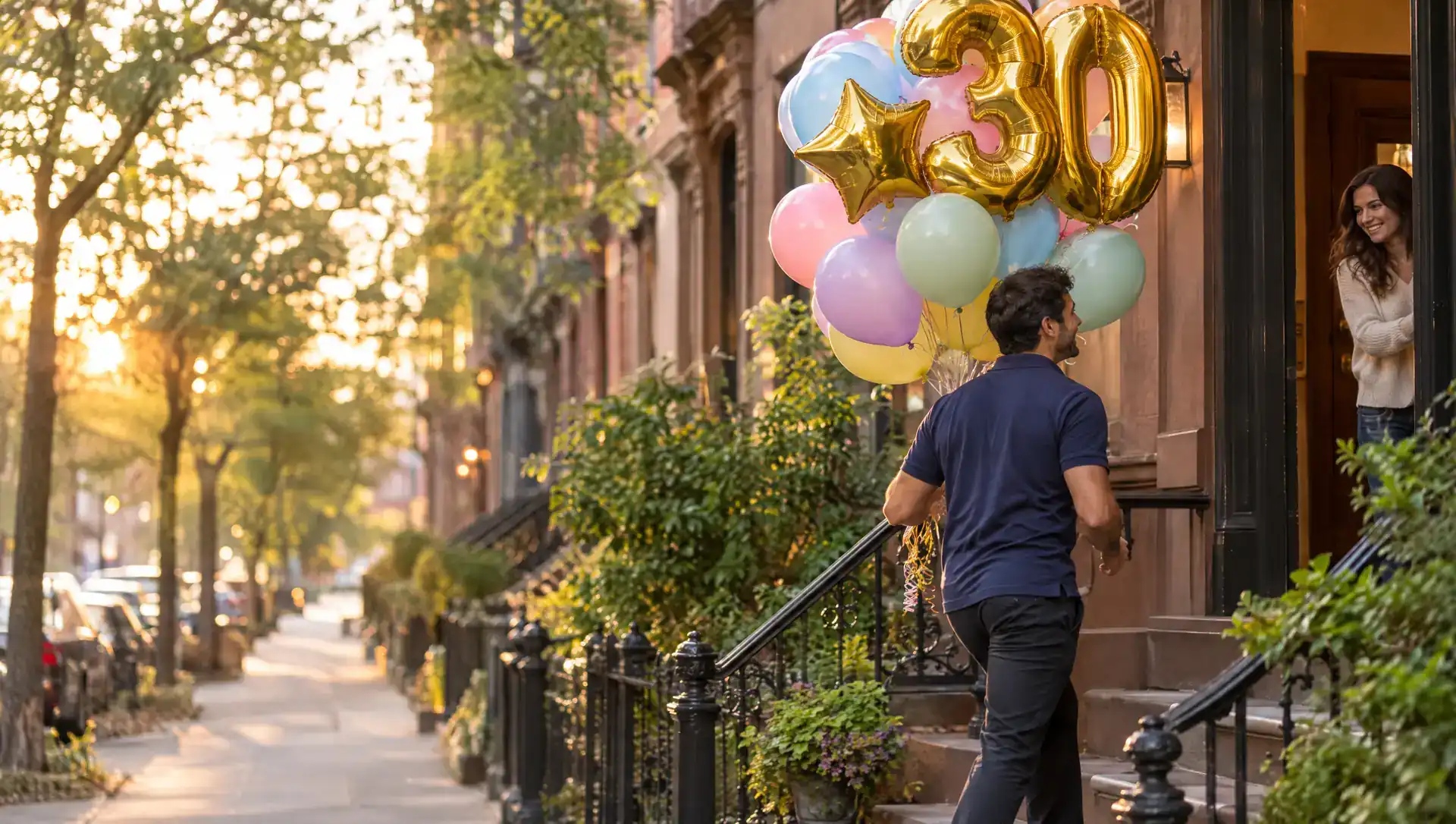 Balloon delivery NYC: driver carrying a gold number 30 balloon bouquet up a Brooklyn brownstone stoop
