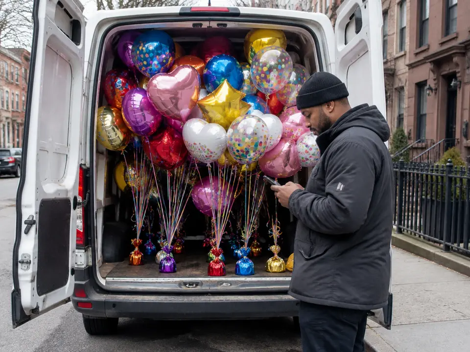 Delivery van packed with helium balloon bouquets on a Brooklyn street, driver checking the order