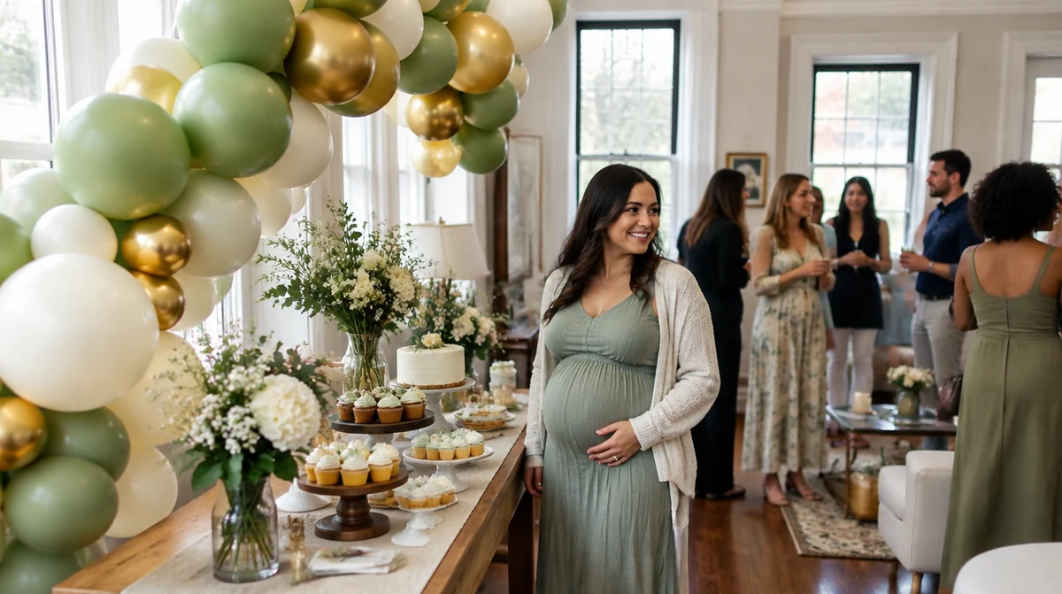 Balloon garland in sage green, ivory and gold over a baby shower dessert table in a Brooklyn brownstone