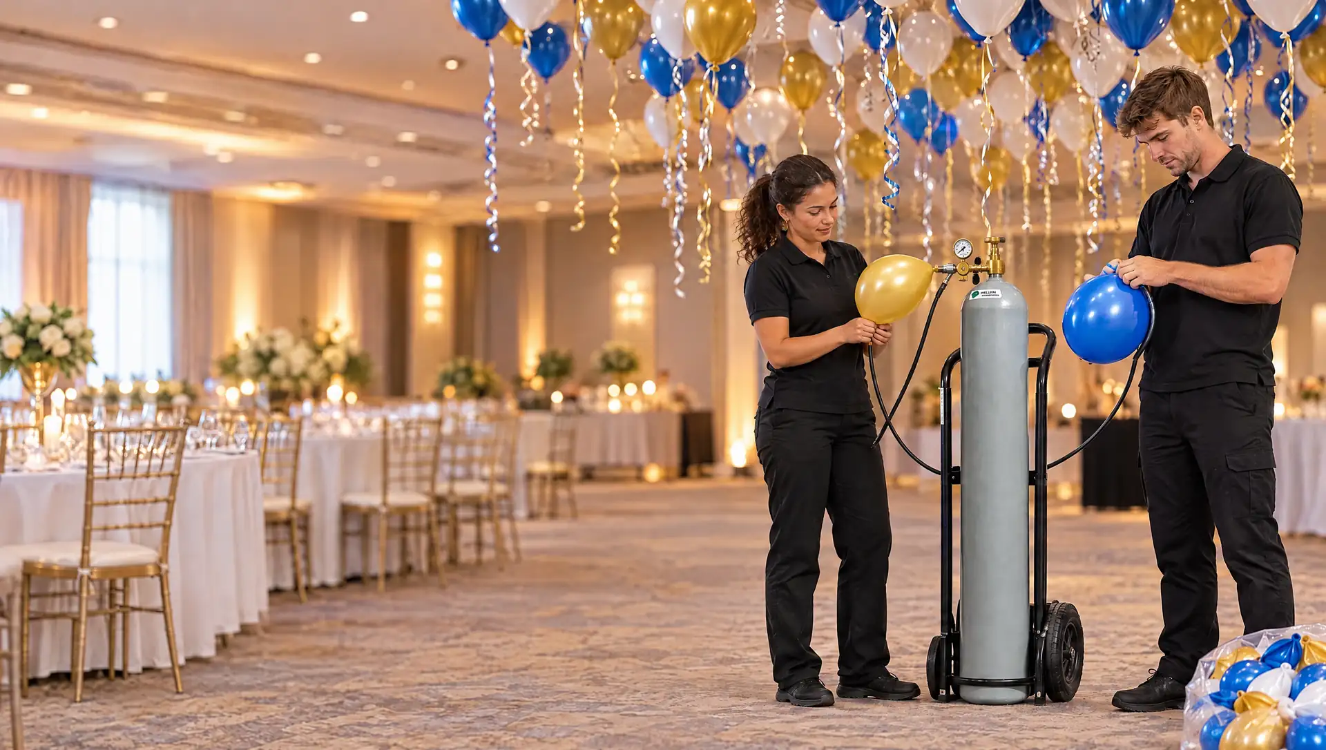 Balloon services NYC: two crew members filling helium balloons from a gray helium tank in a party hall