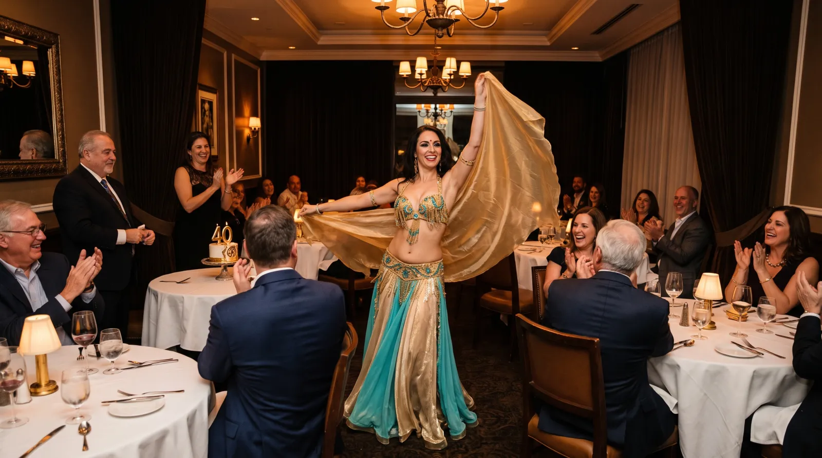 Belly dancer with a gold veil performing between the tables at a birthday party in a restaurant