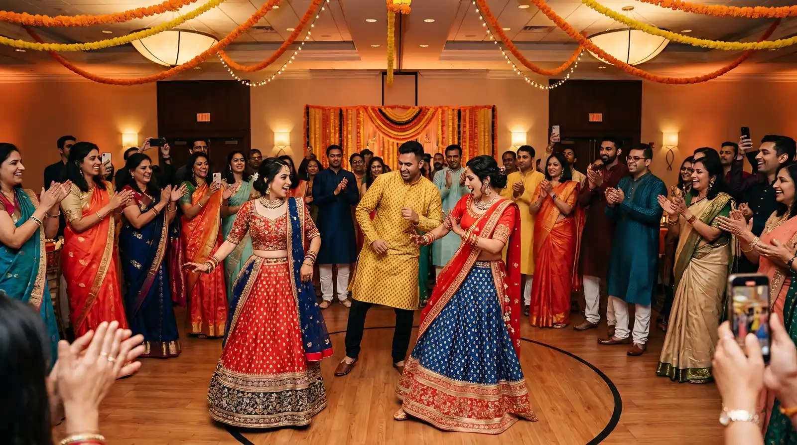 Bollywood dancers performing at a wedding sangeet while guests clap under marigold garlands