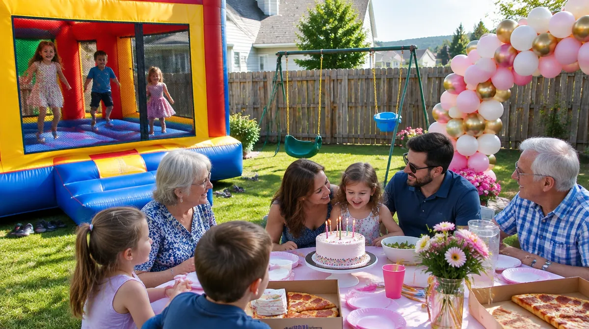 Bounce house rental Allentown PA: kids in a bounce house while the family shares cake at a backyard birthday party