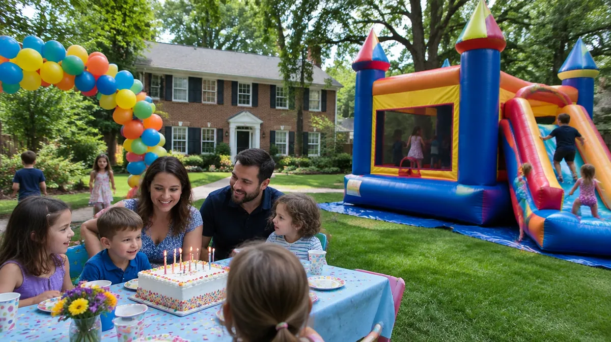 Bounce house rental Pennsylvania: kids on a bounce house slide and a balloon arch at a suburban backyard birthday