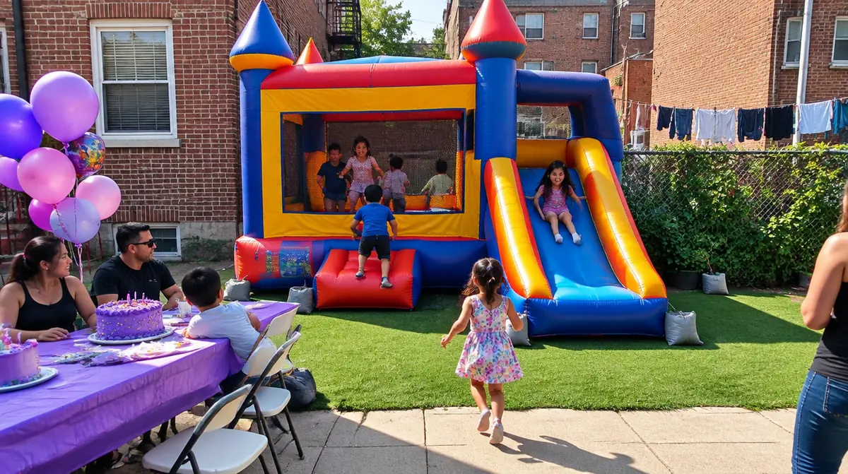 A bounce house with a slide on turf with sandbags in a small paved backyard at a kid birthday party in West New York NJ
