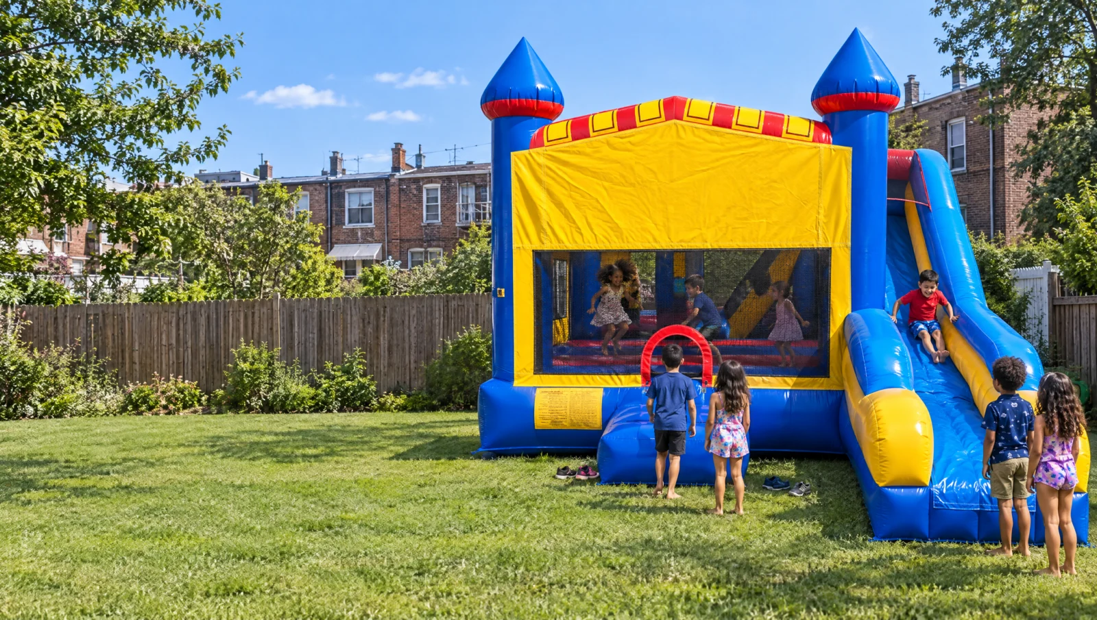 Bounce house with slide rental at a backyard birthday party in Brooklyn: kids jumping in a castle combo and sliding down the side slide