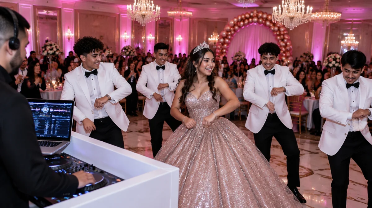 Bronx DJ at a Sweet 16 in a banquet hall: the birthday girl dances with her court next to the DJ booth