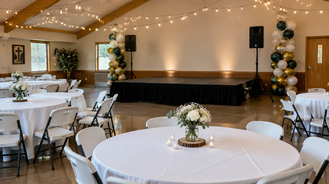 Party halls in the Bronx: community hall set with round tables, a skirted stage, speakers and balloon columns