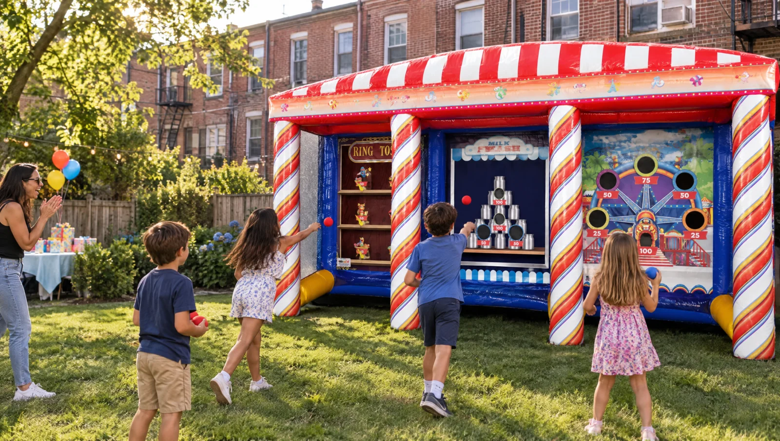 Carnival game rentals: kids playing ring toss and milk can smash on the Carnival 3 in 1 inflatable game at a Brooklyn backyard birthday