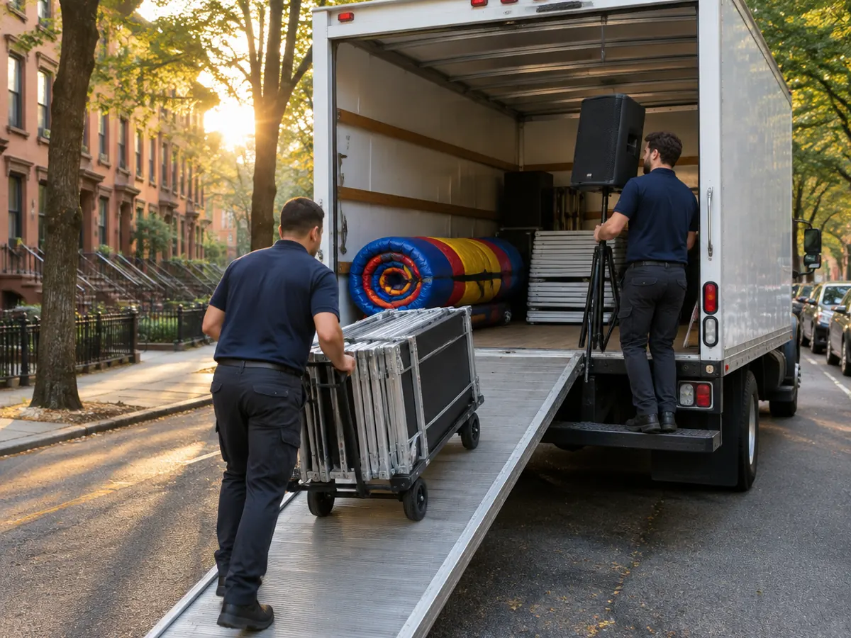 Celebration Entertainment Brooklyn crew loading a stage platform, speaker and bounce house into the truck at sunrise