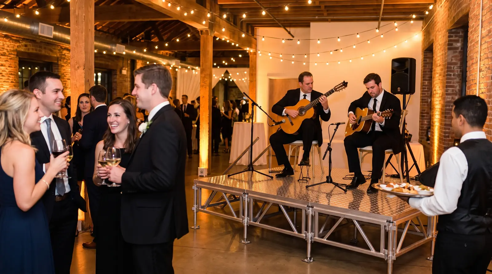 Cocktail hour guitar duo playing on an aluminum stage while wedding guests enjoy drinks