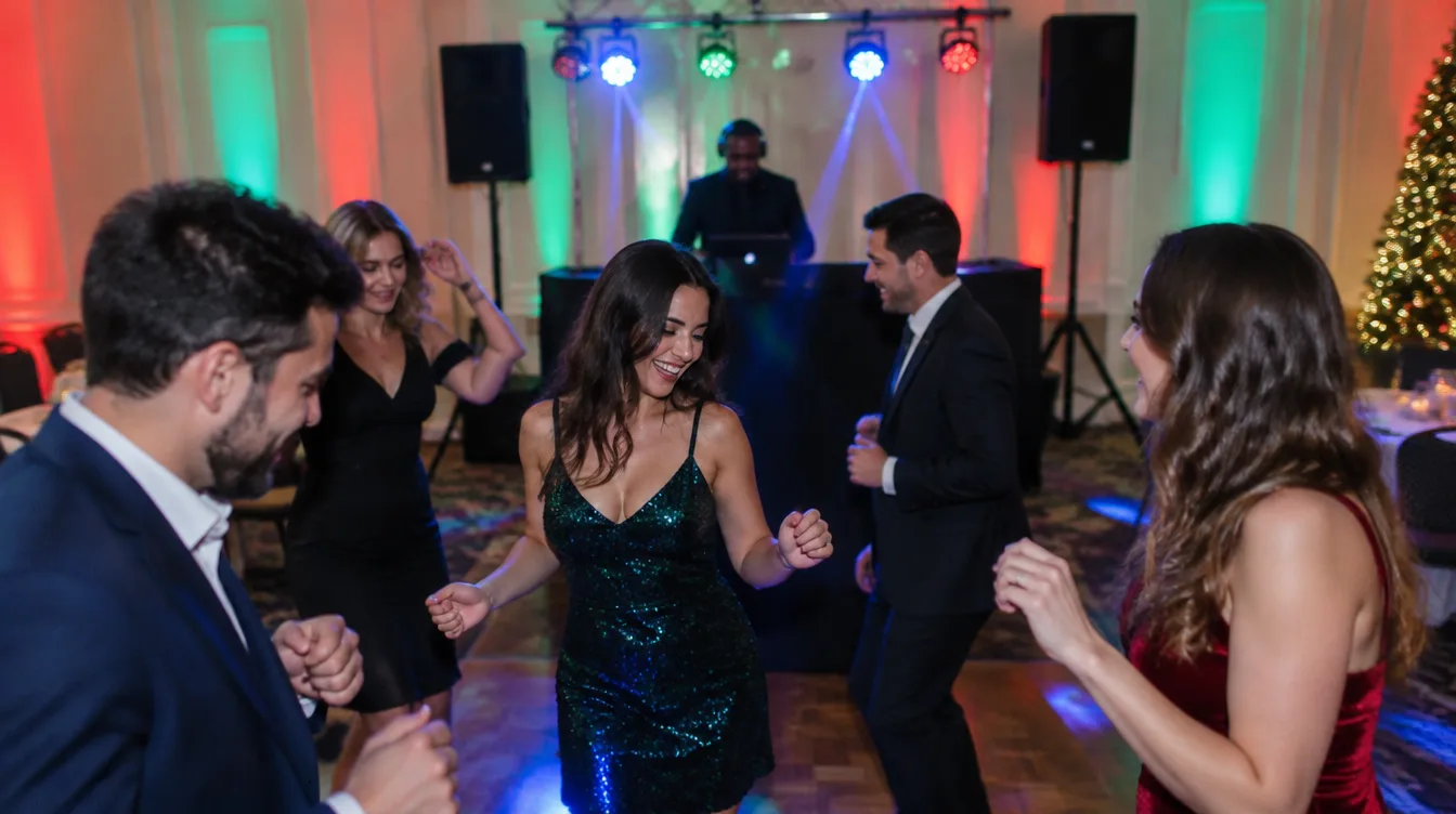 Guests dancing at a company holiday party with a DJ, speakers and colorful uplighting