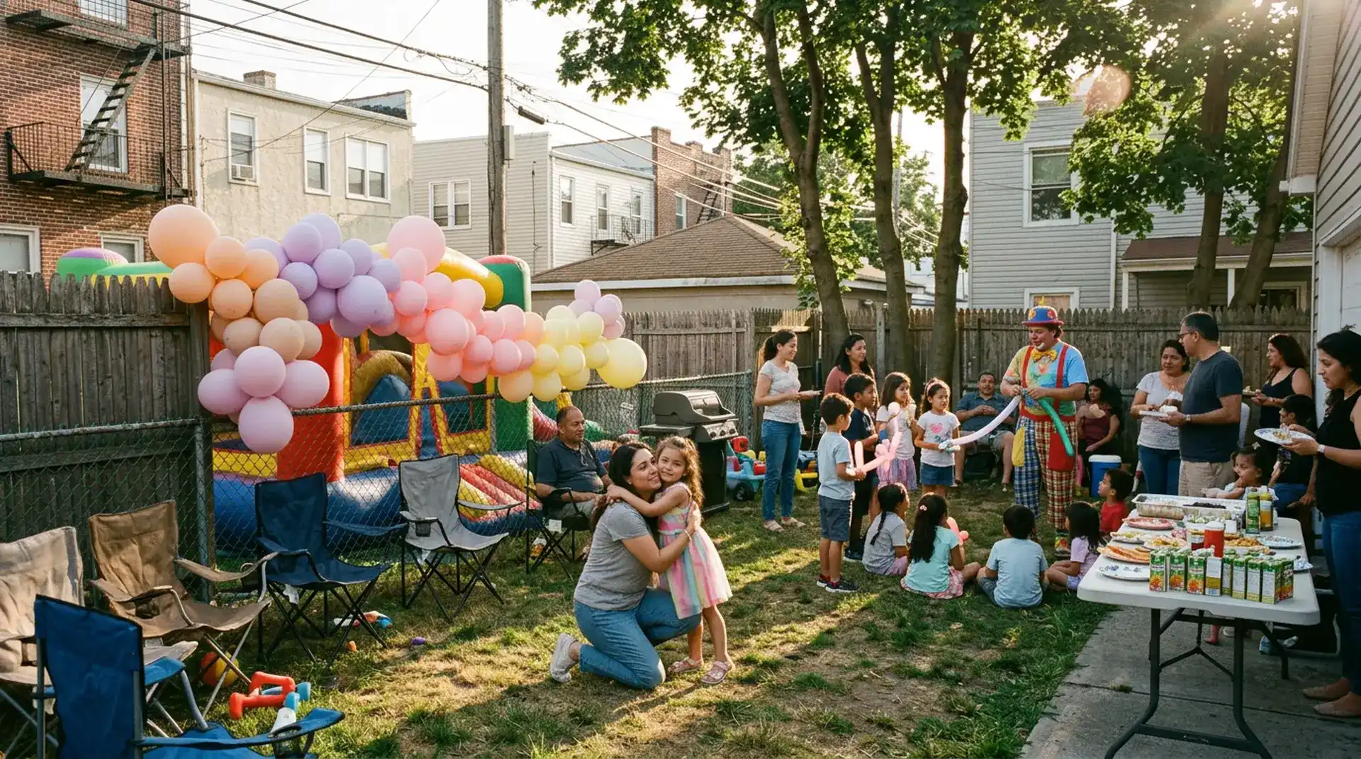 Customer reviews: happy family at a backyard birthday party with a bounce house and balloon garland