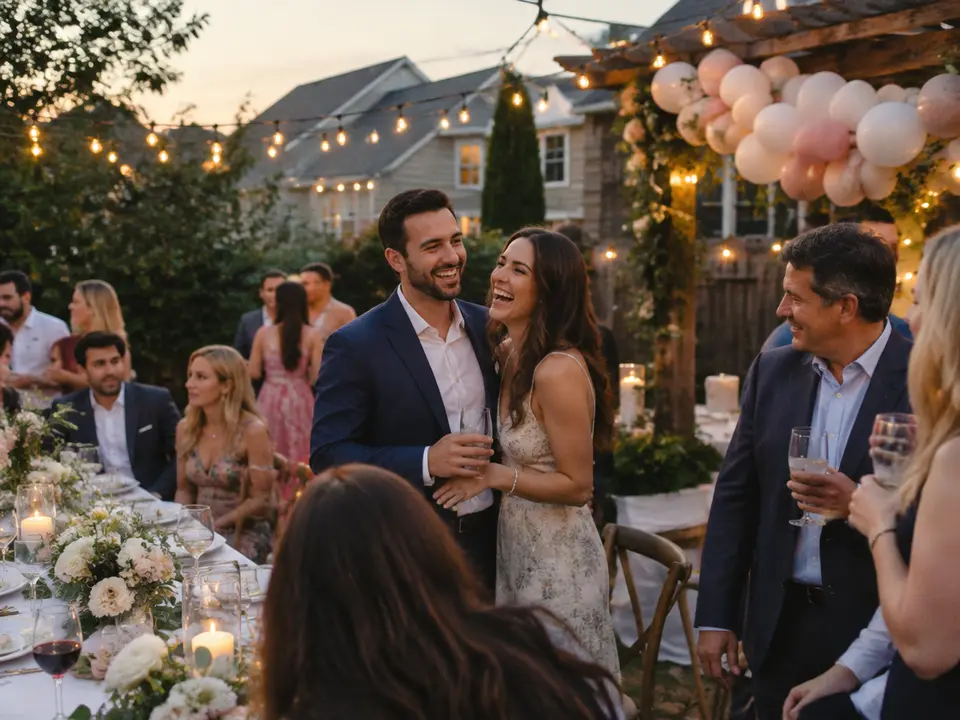Blush and white balloon garland on a pergola with string lights at a backyard engagement party in Westchester