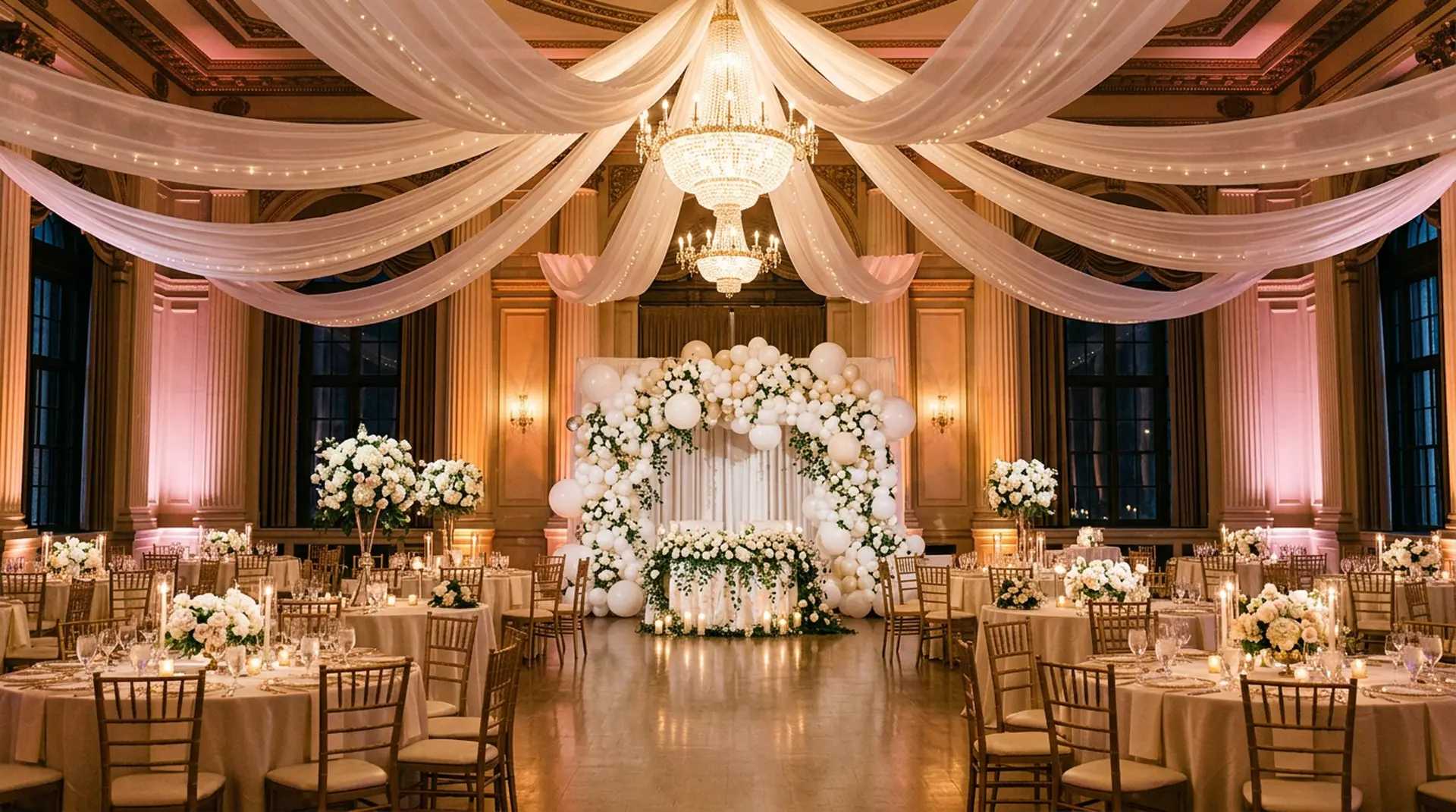 Event decoration with ceiling draping, florals and a balloon arch at a wedding reception