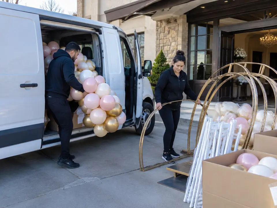 Event decorators unloading balloon garlands, arch frames and boxes from a van at a Long Island catering hall