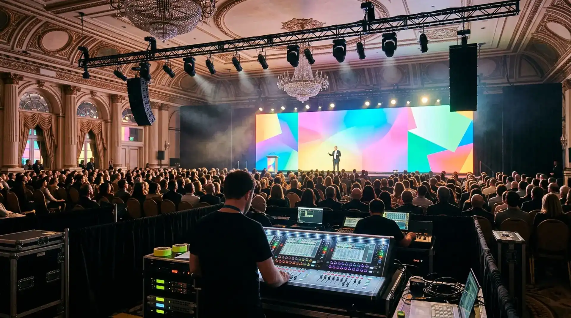 Event production services NYC with an LED wall, truss lighting and front-of-house mixing