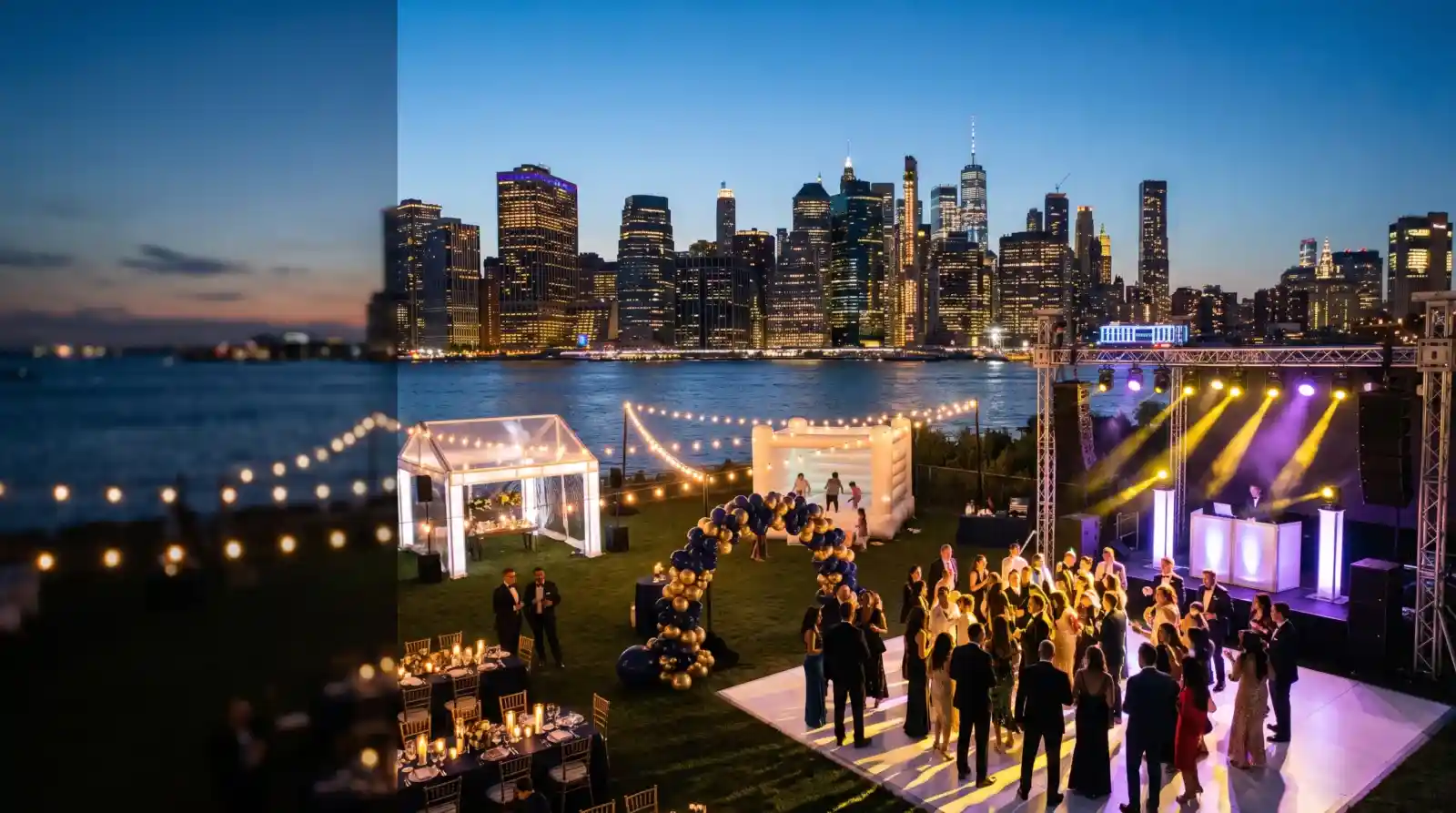 Event rentals NYC: outdoor party on the Brooklyn waterfront with a truss stage, DJ booth, dance floor, balloon arch, tents and string lights, Manhattan skyline behind