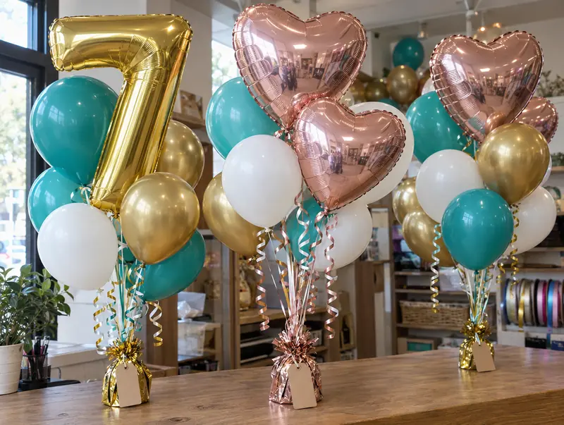 Helium balloons near me: gold number 7, rose gold hearts and teal latex balloons filled and ready for pickup