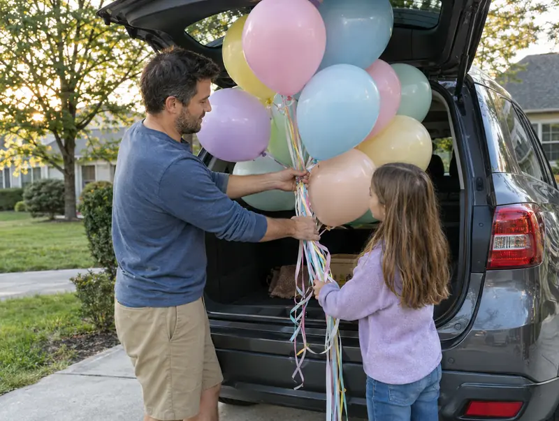 Dad and daughter loading pastel helium balloons into an SUV after a balloon filling pickup