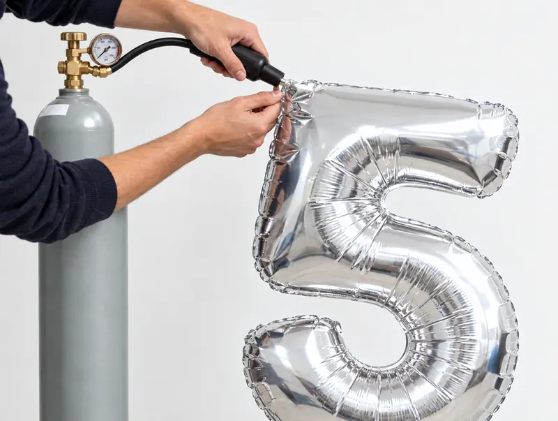 Helium balloon filling: silver foil number 5 balloon topped up from a gray helium tank