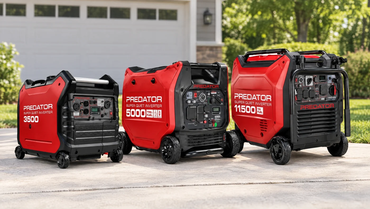 Generator size chart: Predator 3500, 5000 and 11,500 quiet inverter generators side by side, small to large