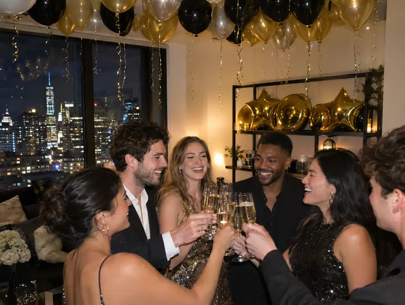 Friends toasting at a New Year's Eve apartment party with black and gold ceiling balloons and gold foil shapes