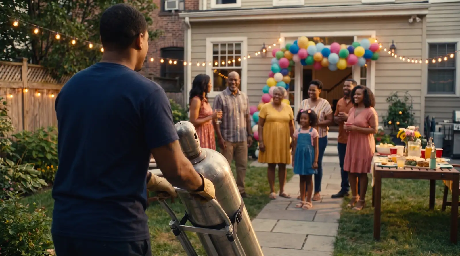 Delivery driver bringing a helium tank to a backyard birthday party with a balloon garland