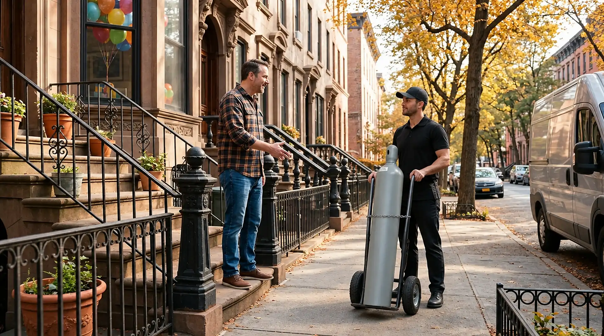 Helium tank rental delivery: slim gray helium tank on a hand truck at a Brooklyn brownstone stoop