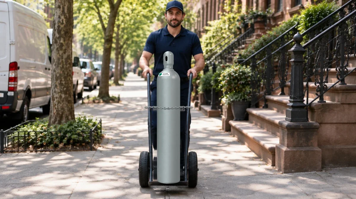 Helium tank rental cost: driver bringing a gray helium cylinder on a hand truck to a Brooklyn brownstone