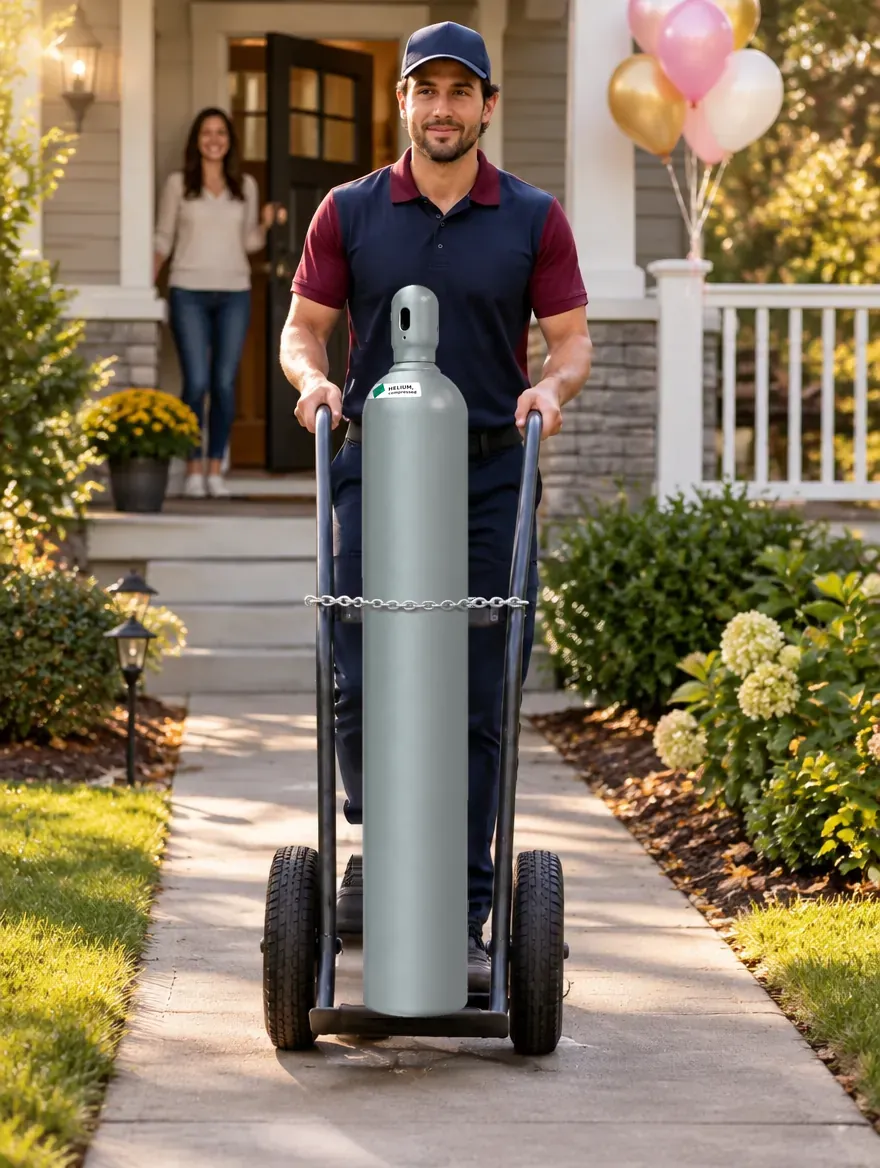 Helium tank near me delivered to your door: driver with a slim gray helium tank on a hand truck walking to a customer's porch