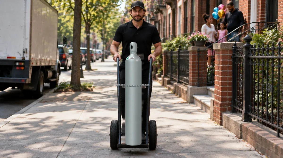Helium tank rental Bronx: driver pushing a gray helium cylinder past Bronx row houses