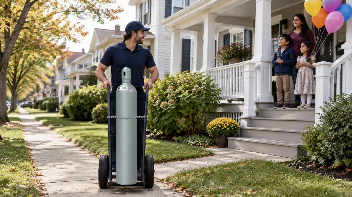 Helium tank rental New Brunswick NJ: a driver delivering a gray helium cylinder on a hand truck to a mother and her kids on a front porch with balloons