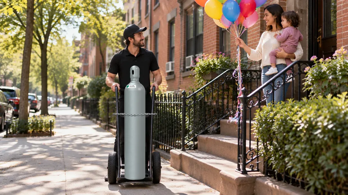 Helium tank rental West New York NJ: our driver brings a gray helium tank on a hand truck to a mother and toddler with balloons