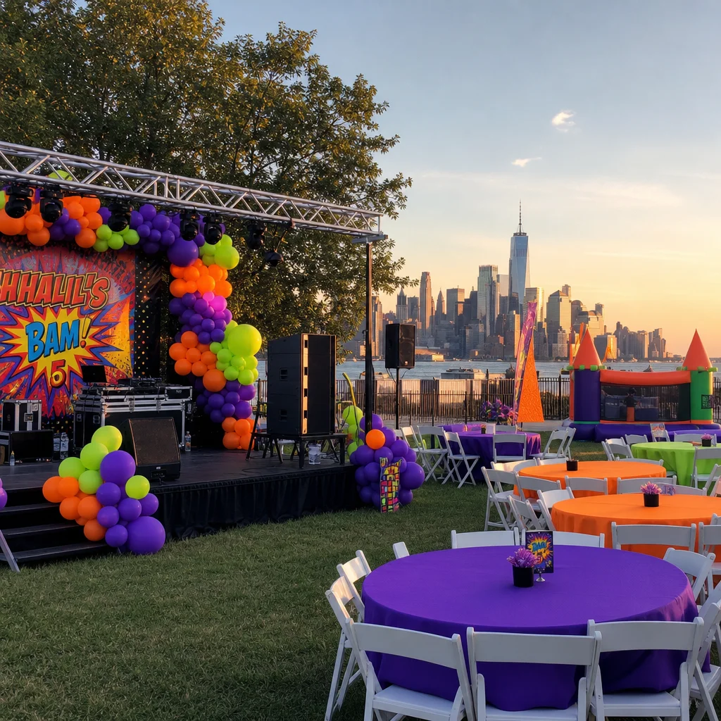 Party rentals NYC: an outdoor kids birthday with a truss stage, DJ speakers, a balloon garland, round tables and a bounce house, with the Lower Manhattan skyline behind