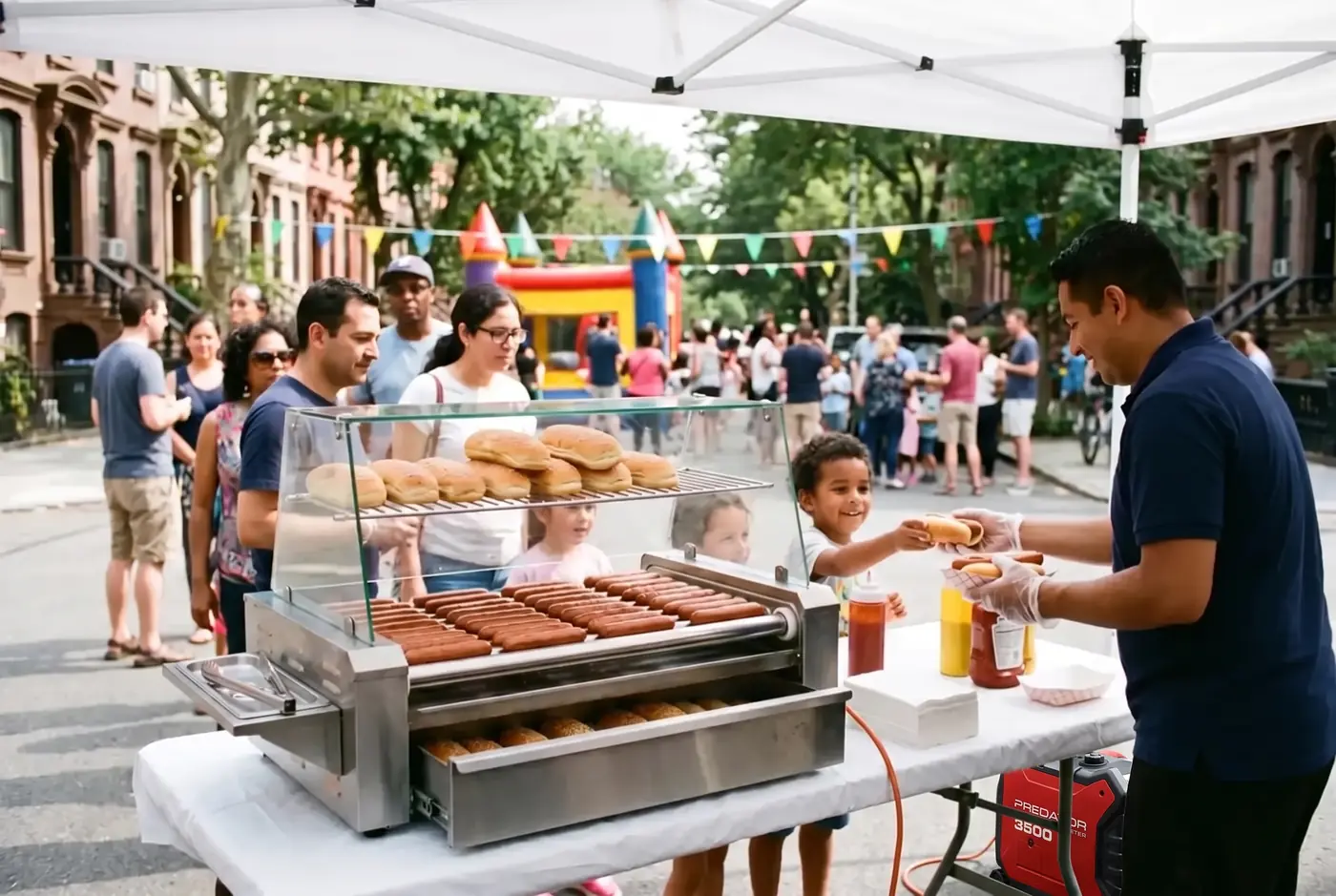 Hot dog station at a Brooklyn block party with a Predator 3500 generator on the server side behind the table