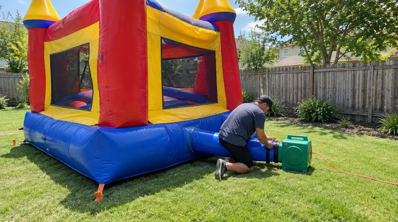 How to set up a bounce house: crew member attaching the inflation tube to the blower in a backyard
